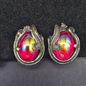 Judy Lee Dragon's Breath Clip On Earrings Red Aurora Borealis Vintage